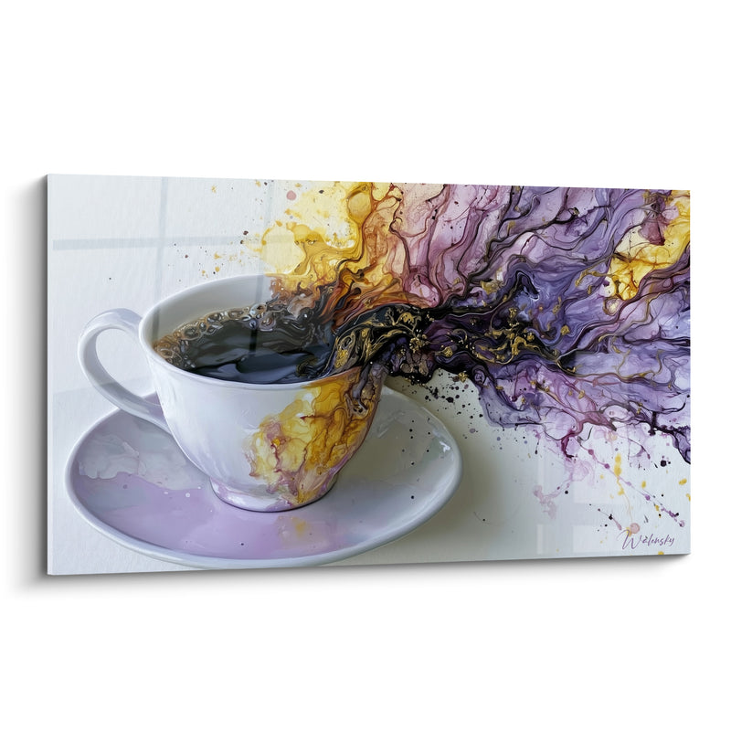 Tableau Tasse blanche aux volutes violettes et dorées - Envolée aromatique - Edition Café
