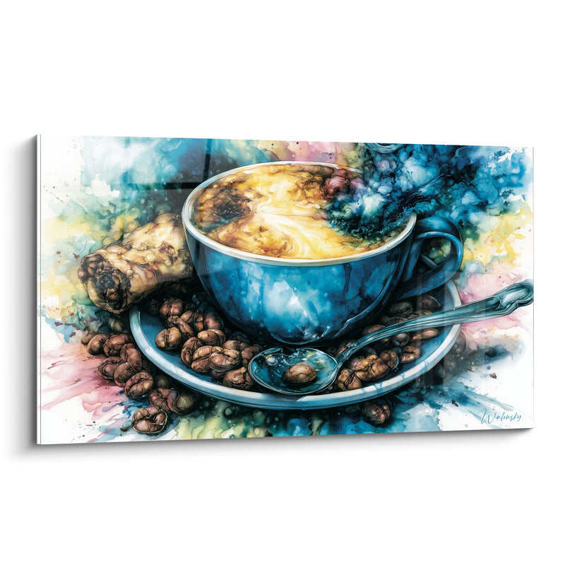 Tableau Tasse bleue et dorée aux grains torréfiés - Biscuit roulé et cuillère - Edition Café