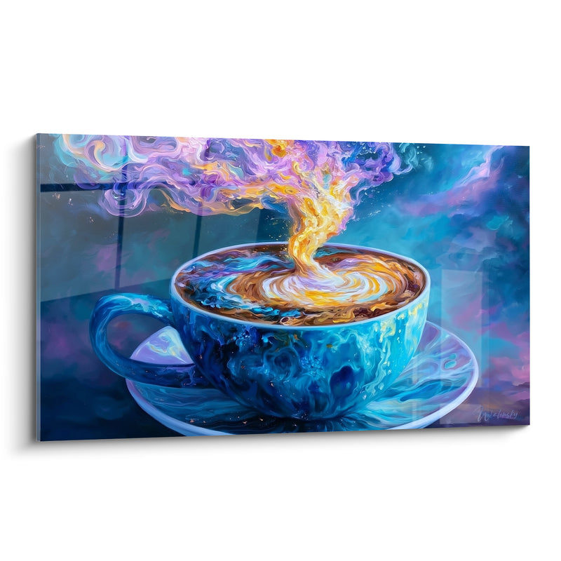 Tableau Tasse marbrée bleue et dorée à la fumée violette - Vapeur cosmique tourbillonnante - Edition Café