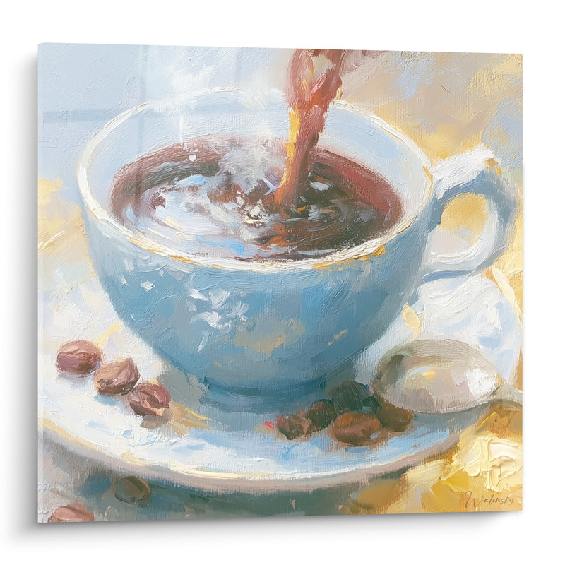 Tableau Tasse bleue et grains dorés versés - Éveil du matin - Edition Café