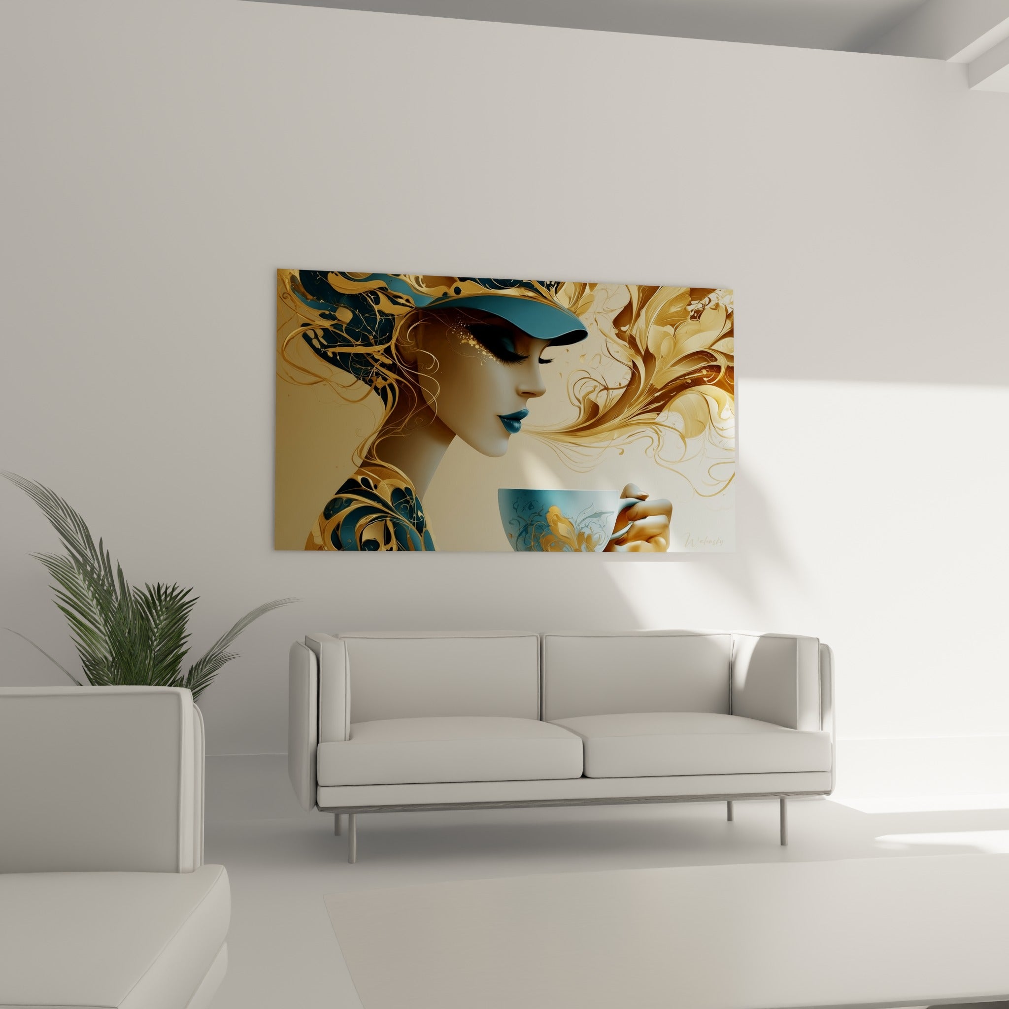 Portrait stylisé aux tons dorés et bleu pétrole tenant une tasse, tableau café au-dessus d'un canapé dans un salon lumineux