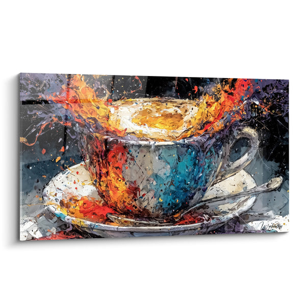 Blue Mug with Vivid Orange Splashes Painting - Explosive Morning Awakening - Café Edition