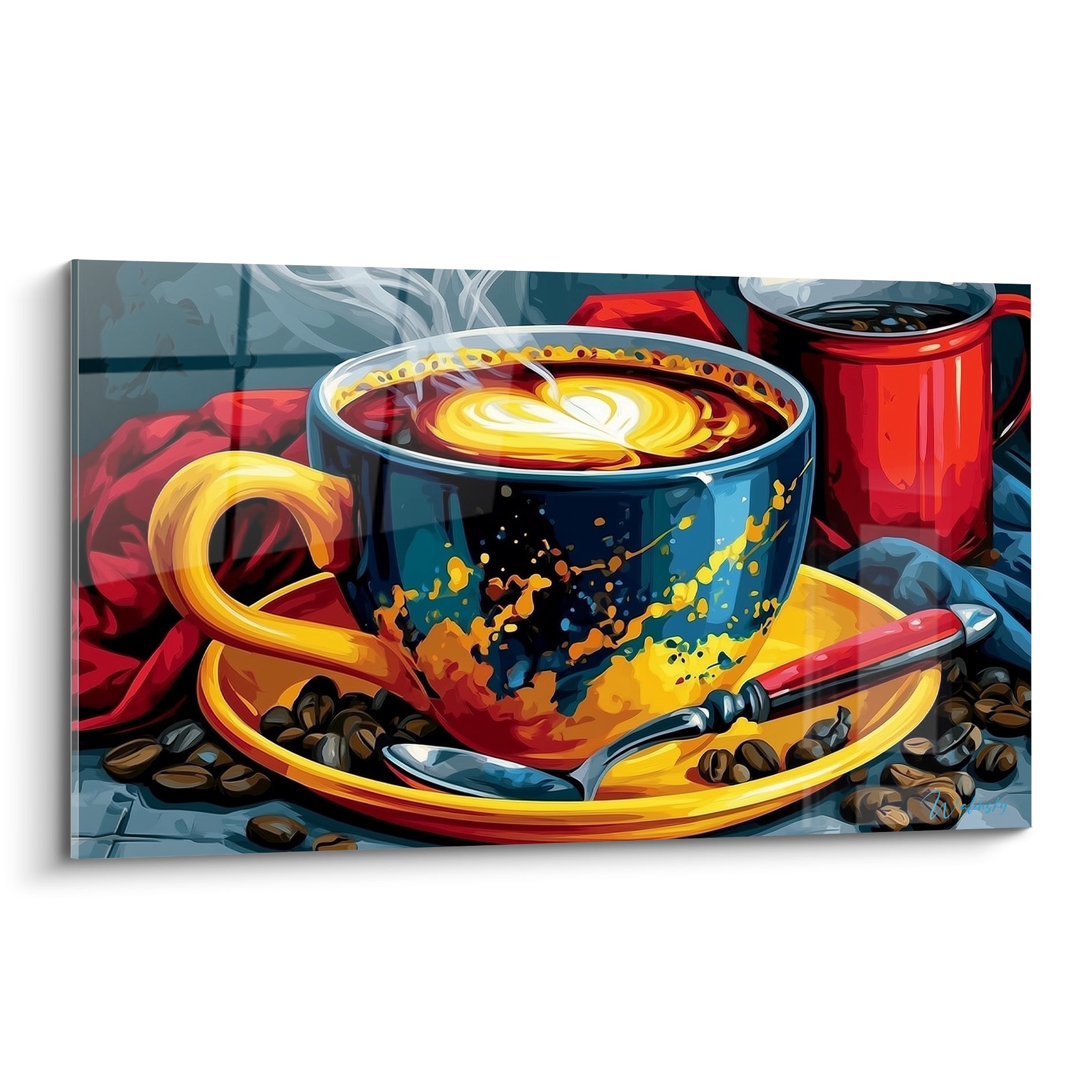 Tasse bleu nuit et jaune moutarde fumante, grains torréfiés et cuillère rouge sur soucoupe dorée