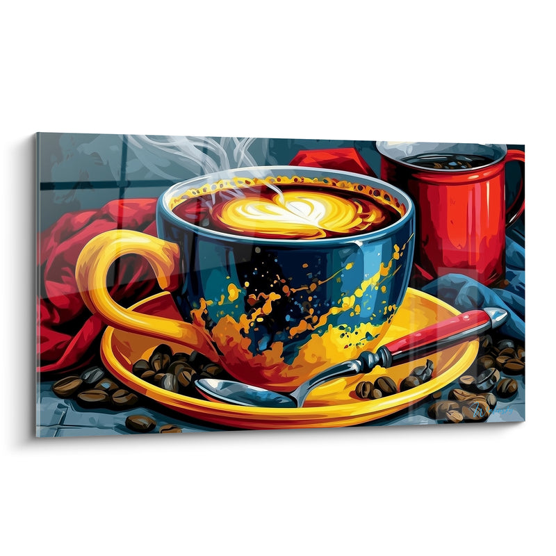 Tableau Tasse bleue et jaune aux grains torréfiés - Réveil gourmand - Edition Café