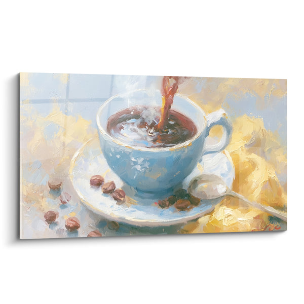 Blue and White Cup with Steaming Pour - Spoon and Scattered Beans - Café Edition