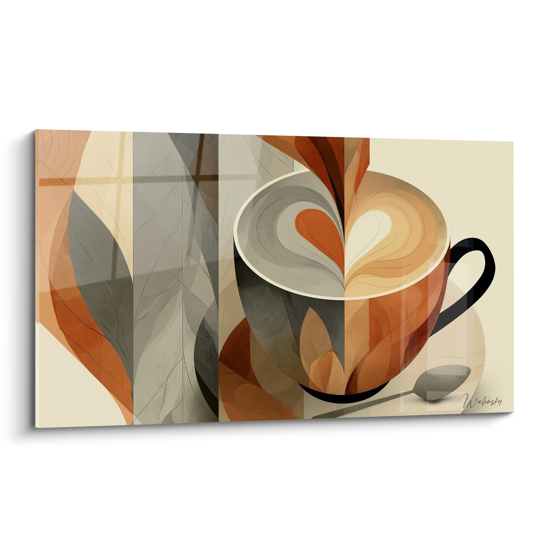 Tasse de café terracotta et grise avec cœur en latte art sur fond beige sable
