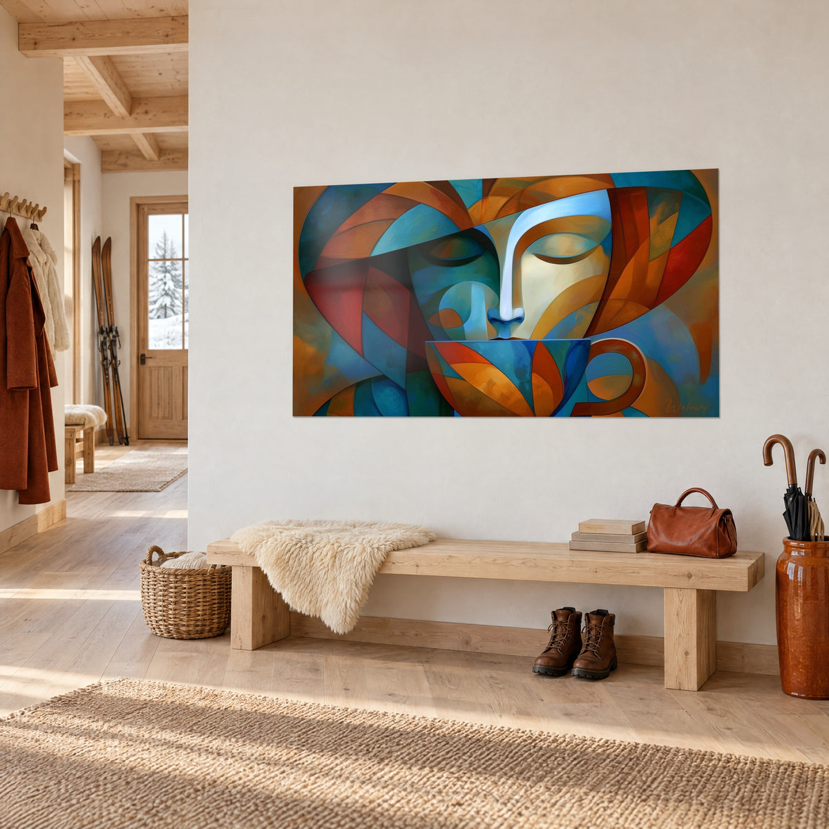 Tableau portrait géométrique endormi sous un large chapeau, bleu sarcelle et rouge brique, accroché dans l'entrée en bois clair du chalet