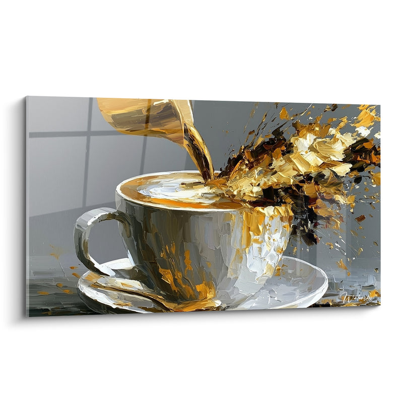 Tableau Tasse blanche et dorée à l'éclaboussure explosive - Fenêtre quadrillée en fond - Edition Café