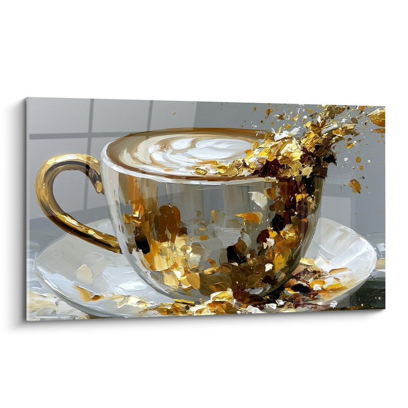 Tableau Tasse transparente dorée et blanche à l'anse fragmentée - Éclats sur soucoupe - Edition Café