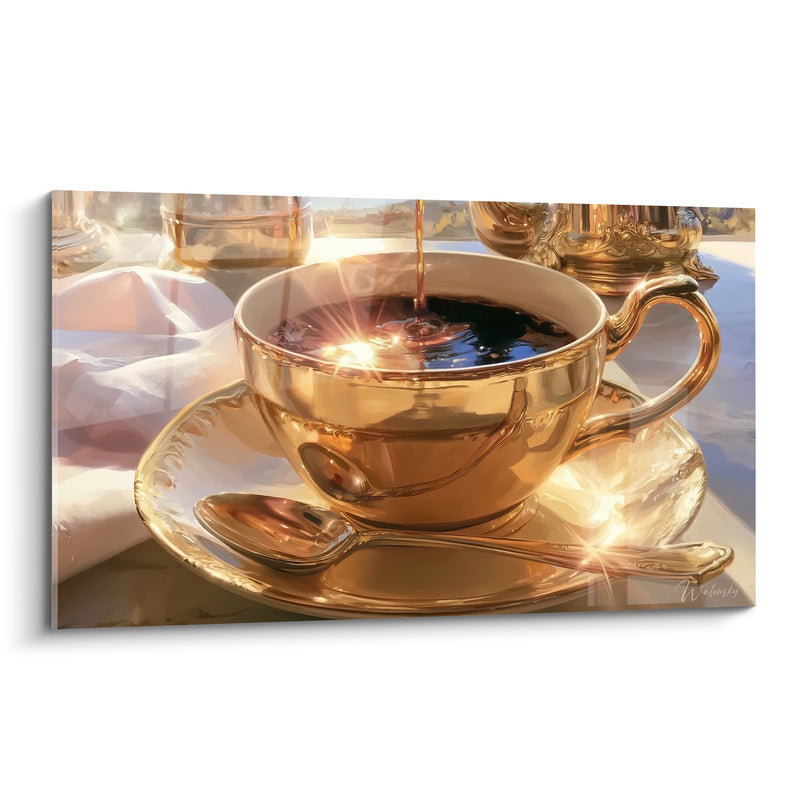 Tableau Tasse dorée au filet noir versé - Éveil doré du matin - Edition Café
