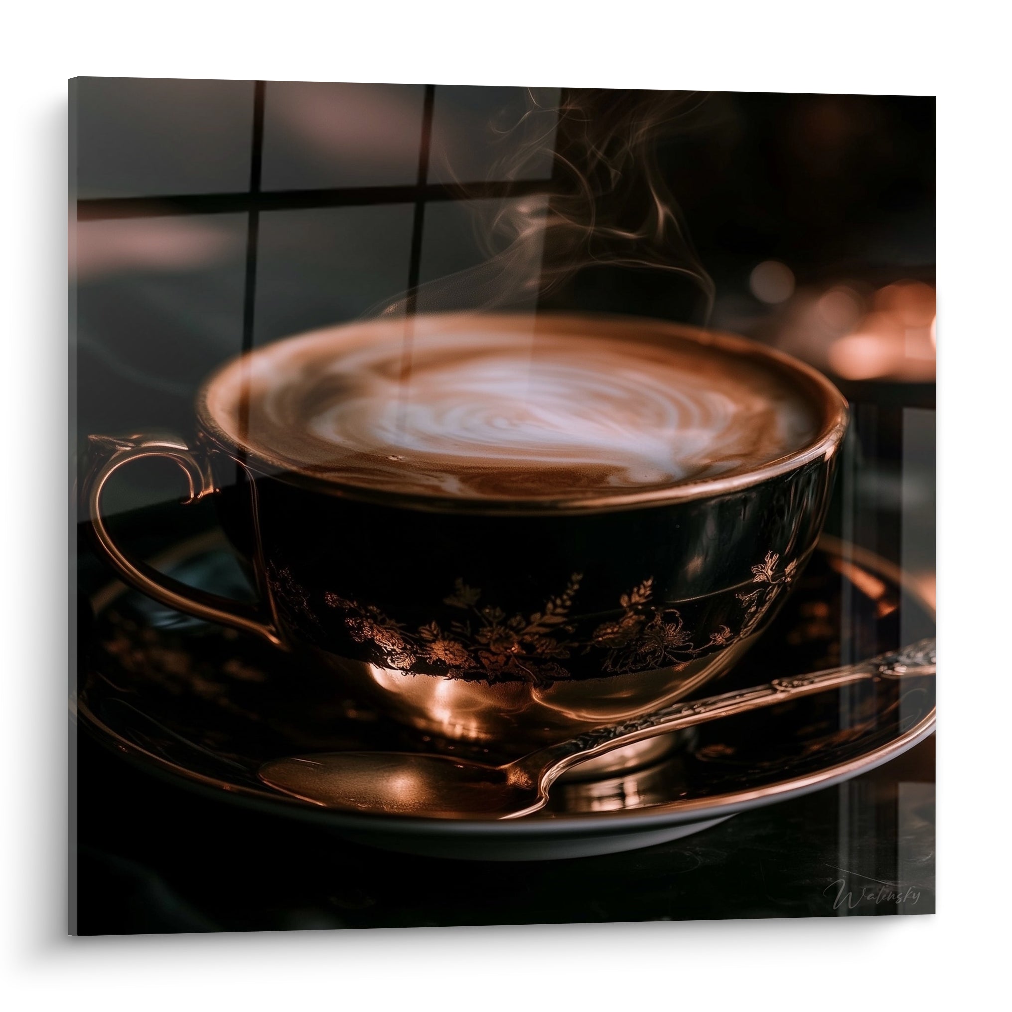 Tasse dorée aux motifs floraux fumante, fond anthracite, reflets cuivrés et vapeur légère