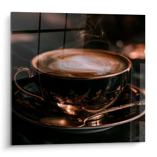 Black and Copper Coffee Cup with Golden Floral Patterns - Rising Steam and Spoon - Café Edition