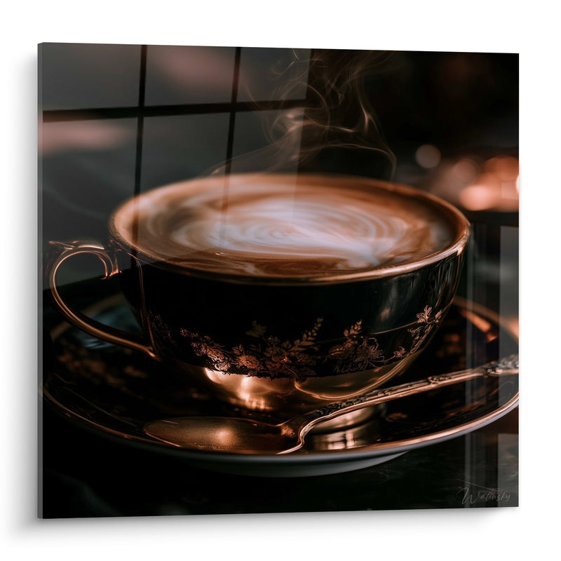 Tableau Tasse noire et cuivrée à motifs floraux dorés - Vapeur montante et cuillère - Edition Café