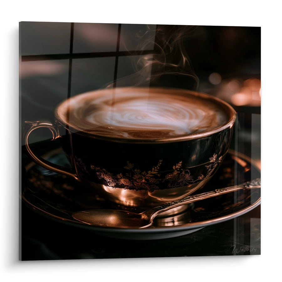 Tableau Tasse noire et cuivrée à motifs floraux dorés - Vapeur montante et cuillère - Edition Café