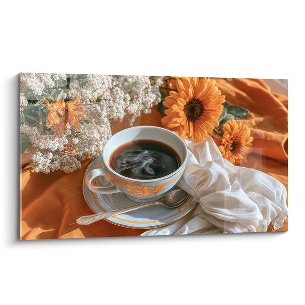 White and Blue Cup Near Sunflowers - Creased Orange Tablecloth - Café Edition