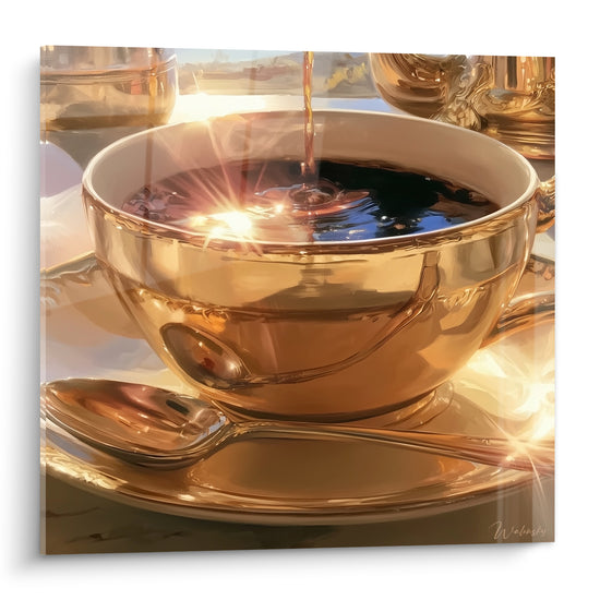 Tasse dorée où le café noir se verse, reflets bleu pastel et lumière éclatante sur le métal.
