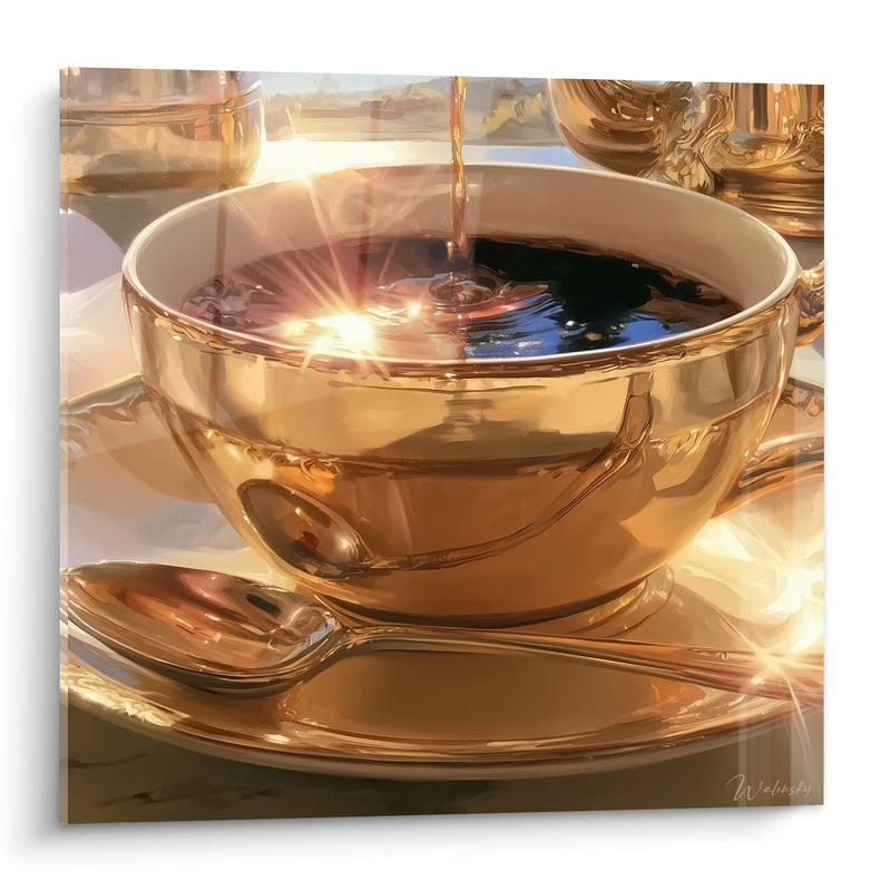 Tableau Tasse dorée et noire au reflet éclatant - Filet versant lumineux - Edition Café