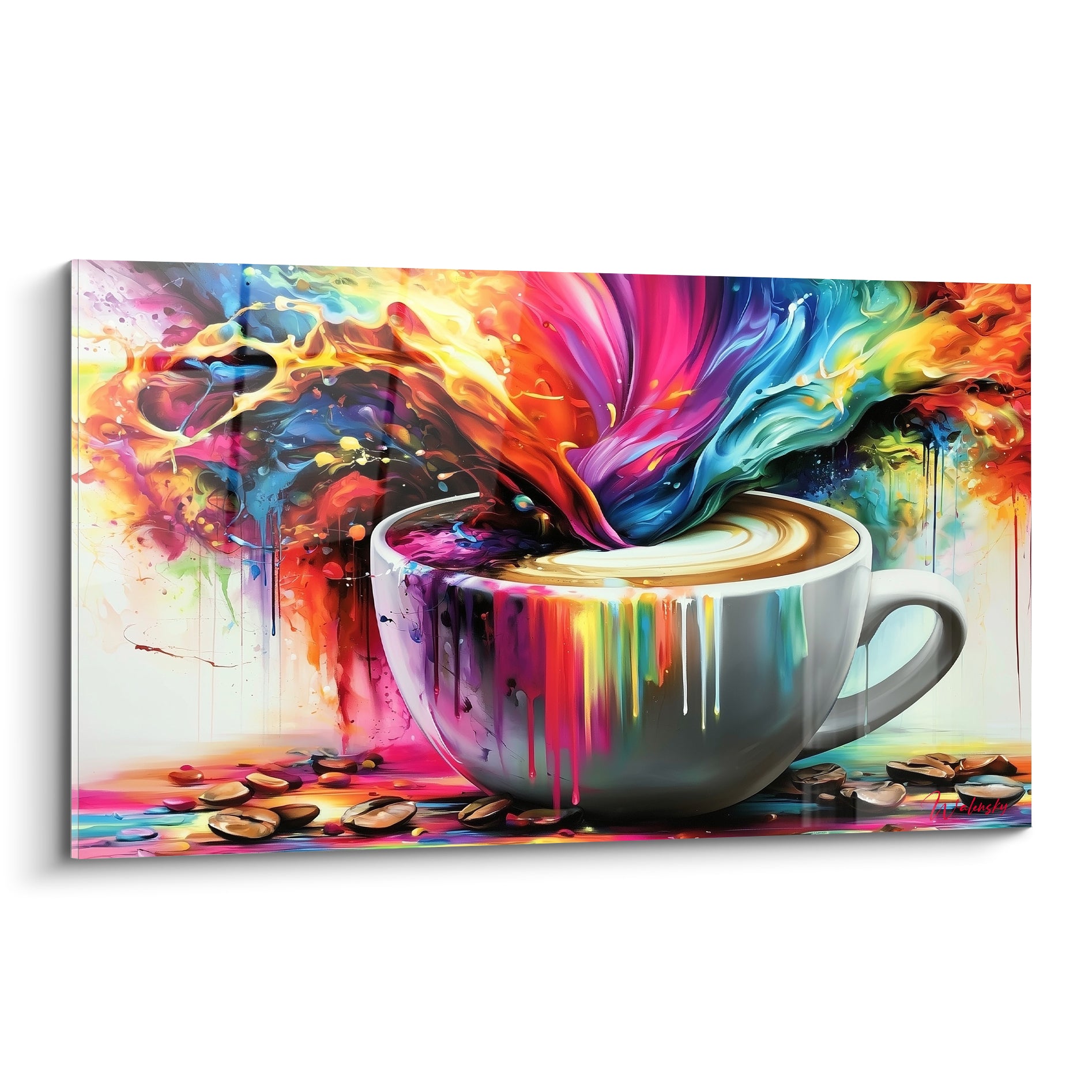 Tasse de café grise éclaboussée d'orange, rose fuchsia et bleu turquoise en explosion picturale