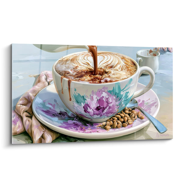 White and Mauve Cup with Foamy Pouring - Pistachios on Saucer - Café Edition