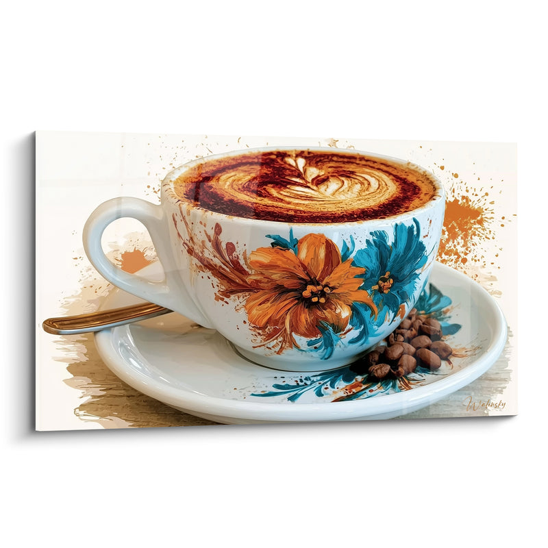 Tableau Tasse blanche à fleurs orange et turquoise - Cuillère dorée et grains torréfiés - Edition Café