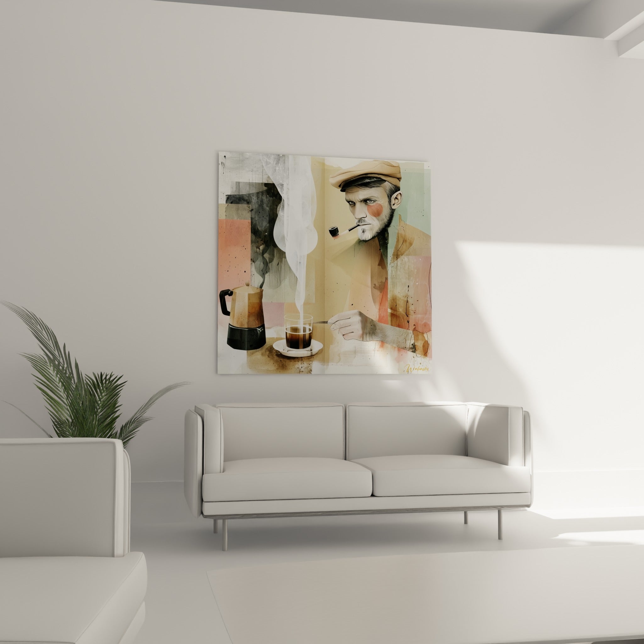 Portrait masculin aux joues rosées contemplant une tasse fumante, au-dessus d'un canapé dans un salon lumineux