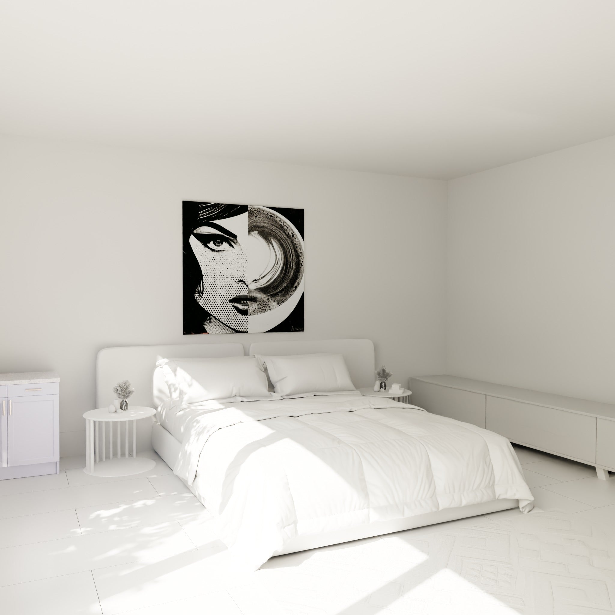 Portrait café anthracite et blanc accroché au-dessus d'un lit dans une chambre claire