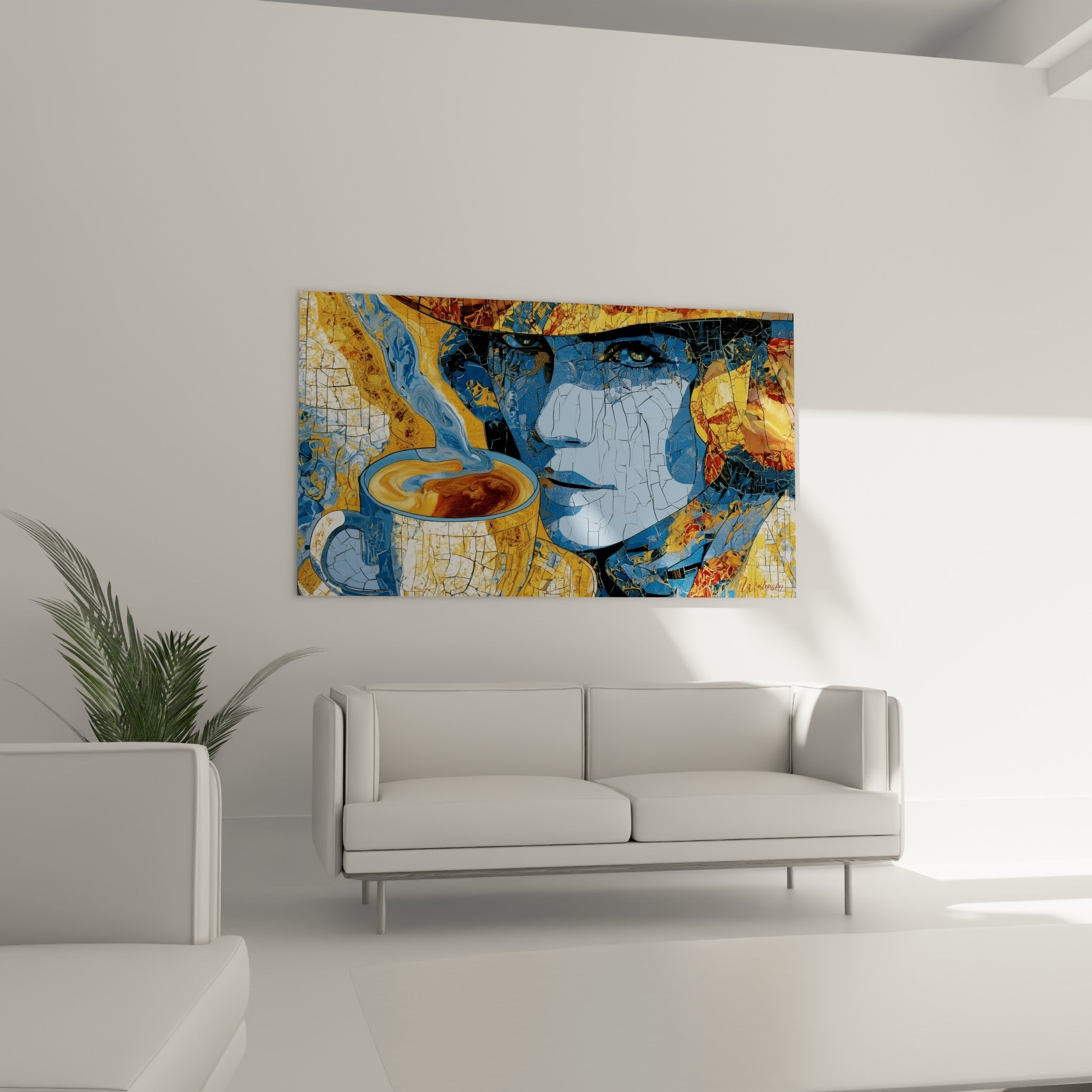 Femme au regard vert et vapeur dorée de ce tableau café placé au-dessus d'un canapé dans un salon lumineux
