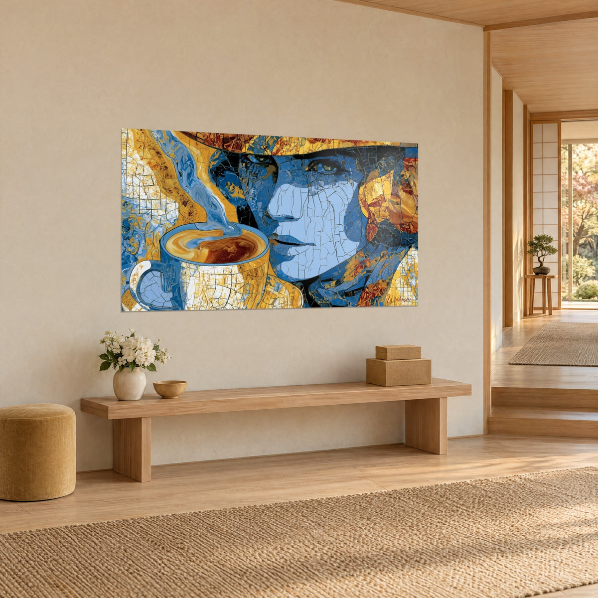 Wall art woman's face with sky-blue highlights, steaming cup and ochre hat, on a beige wall, three-quarter view of a Japandi hallway