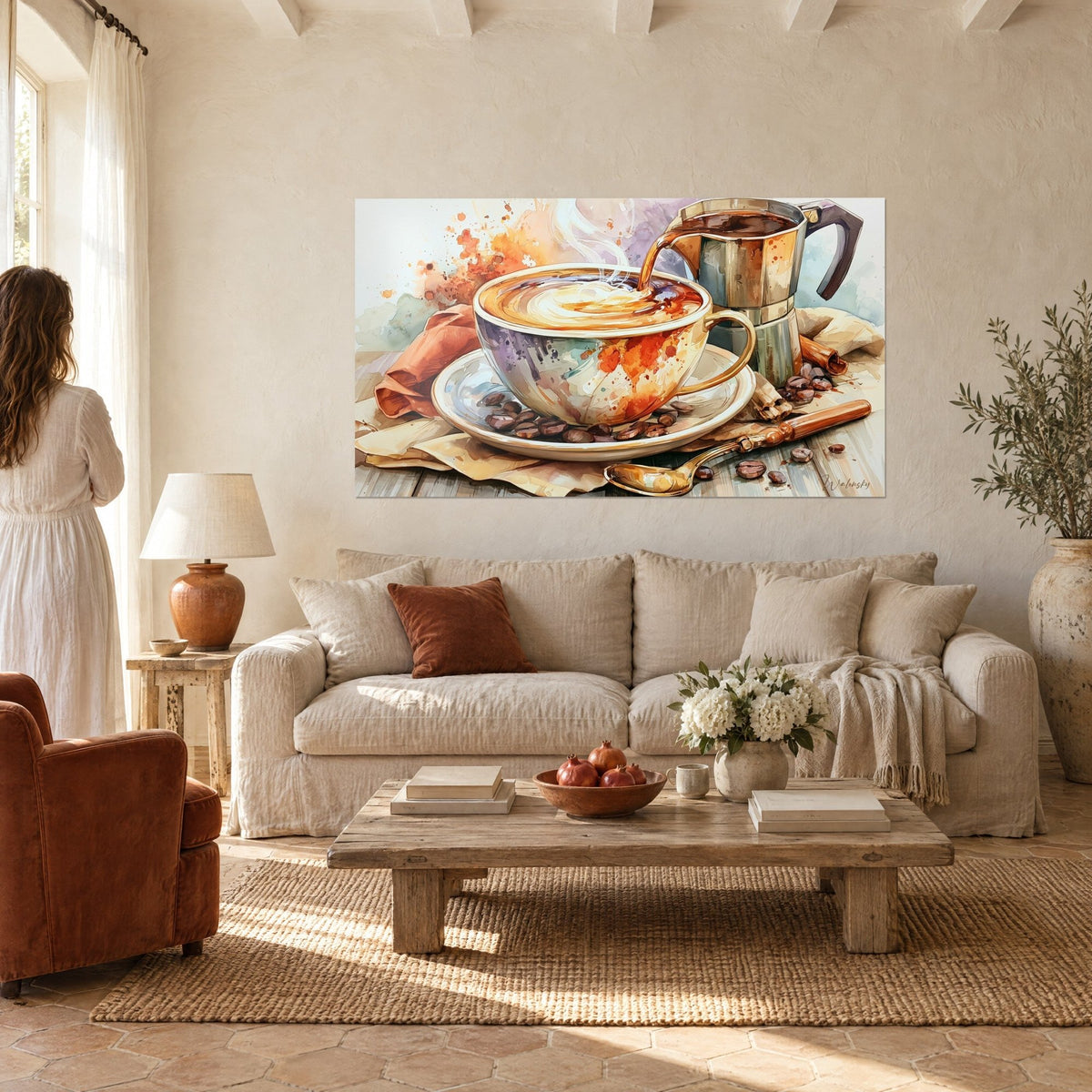 Tableau tasse de cappuccino mousseux, cafetière italienne et éclaboussures orange et violet, au-dessus d'un canapé dans un salon lumineux