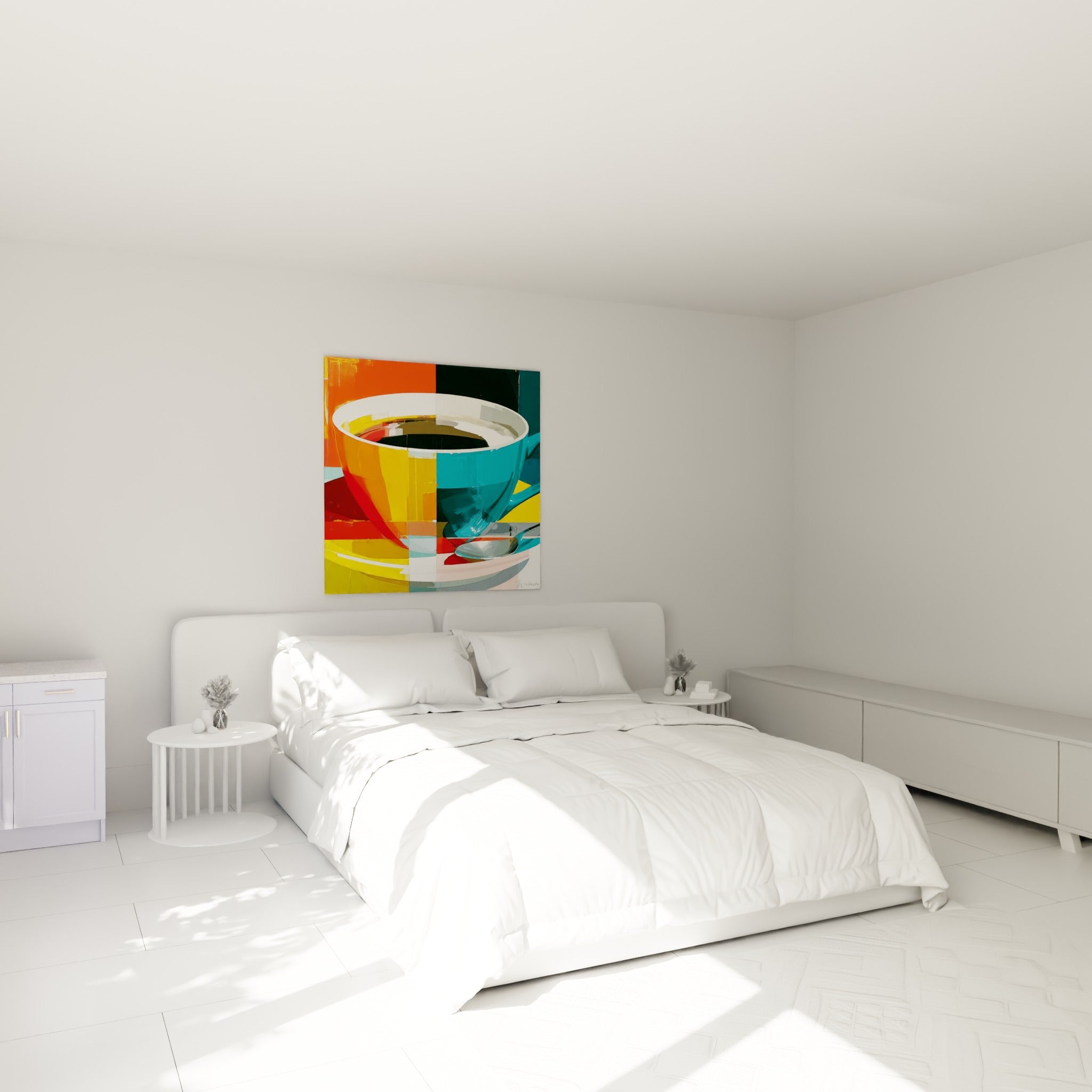 Composition graphique orange et sarcelle d'une tasse de café au-dessus d'un lit dans une chambre claire