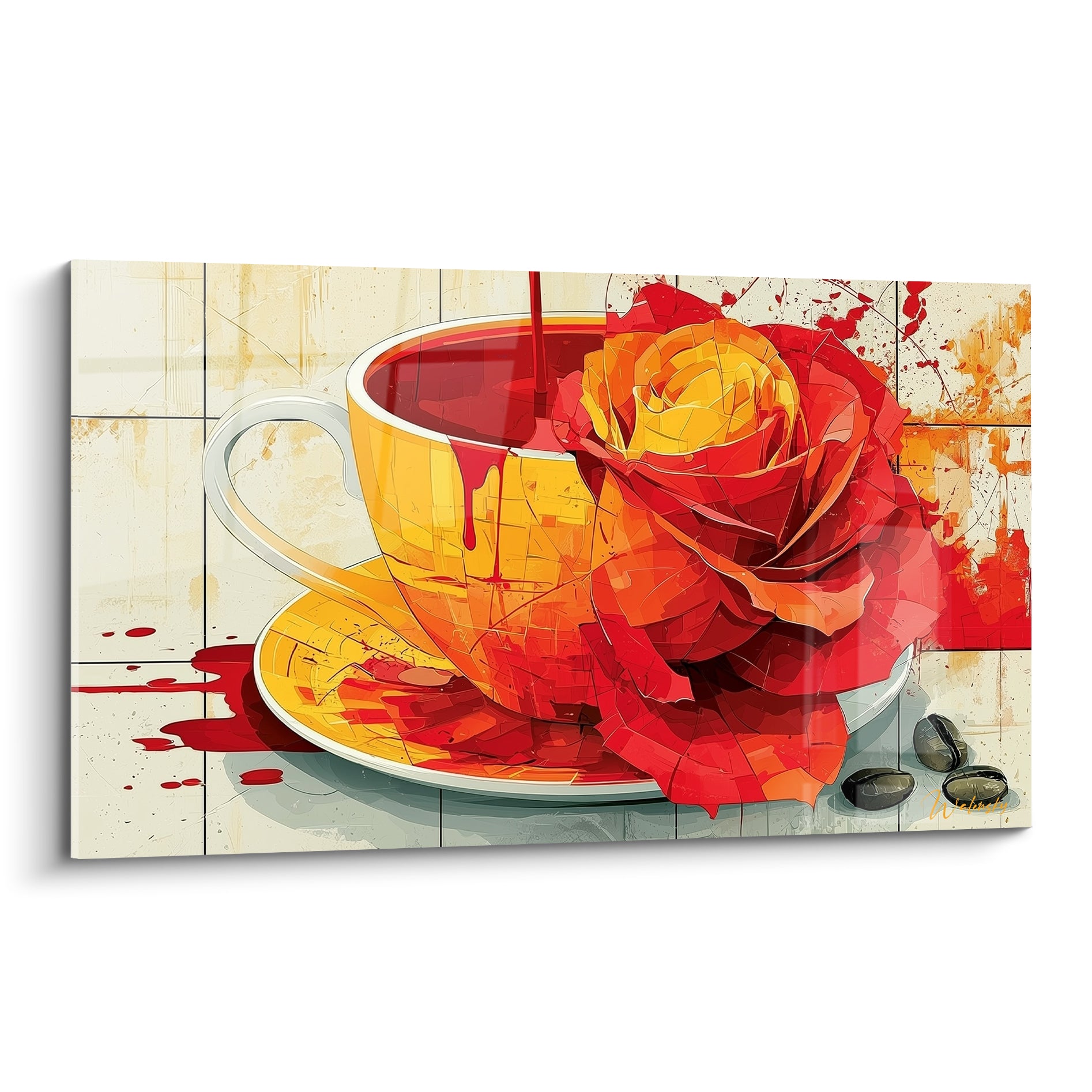 Tasse jaune et rose rouge éclatante sur fond ivoire craquelé, style vitrail intense