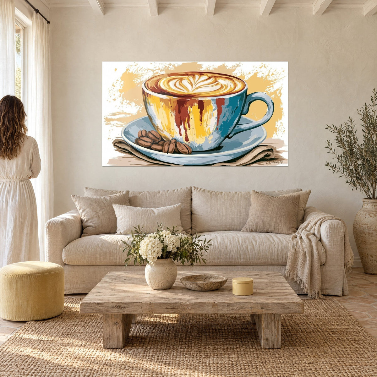 Quadro cappuccino con schiuma a forma di cuore in una tazza blu e gialla, colature rosse, sopra un divano in un soggiorno luminoso