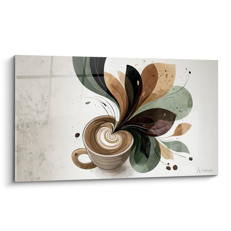 Tableau Tasse beige au tourbillon éclatant en feuillage brun et vert - Grains épars sur toile - Edition Café