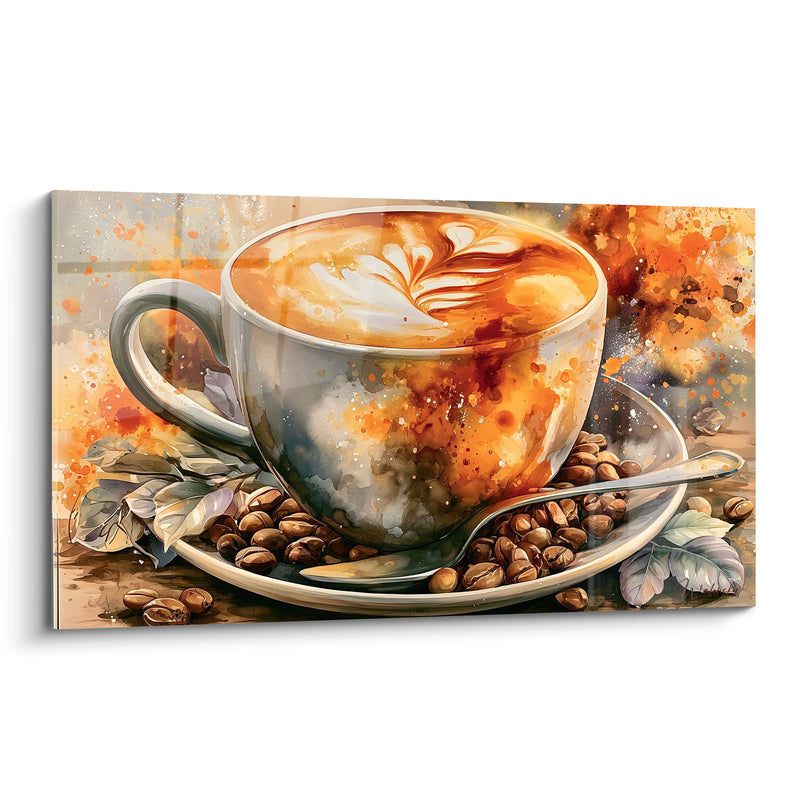 Tableau Tasse orangée et grise au latte art plume - Feuilles grises éparpillées - Edition Café