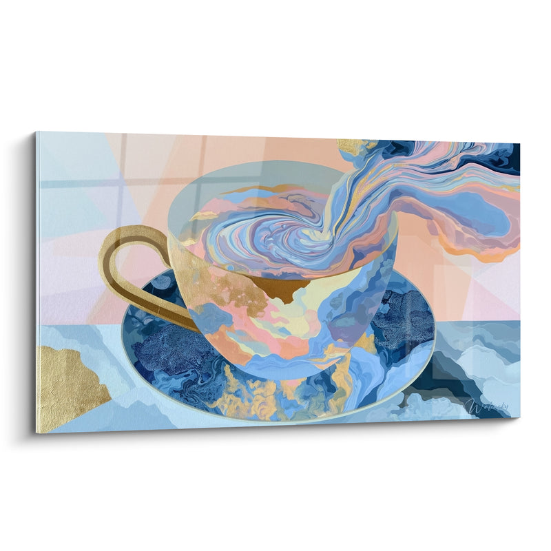 Tableau Tasse marbrée bleue et dorée fumante - Vapeur envoûtante - Edition Café