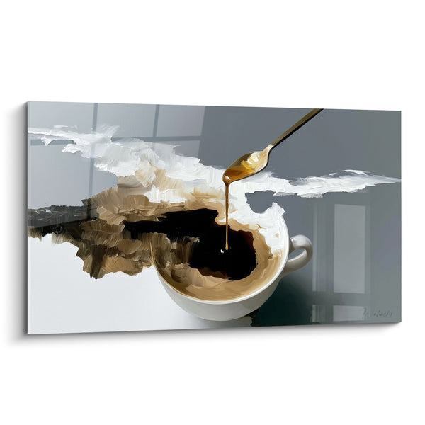 White and Black Cup with Running Honey - Suspended Golden Spoon - Café Edition