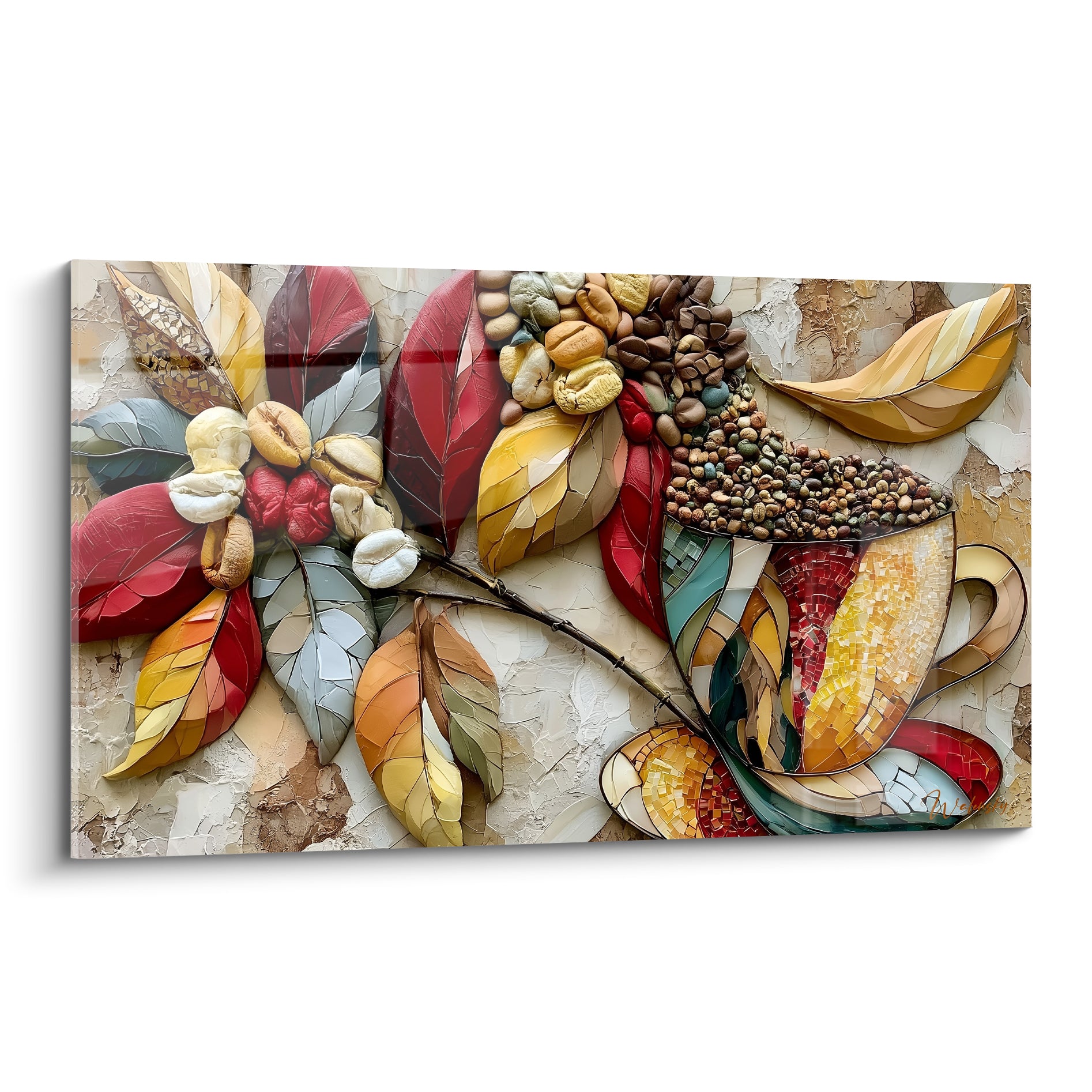 Tasse mosaïquée dorée et bordeaux entourée de feuilles rouges sur fond texturé beige, tableau café