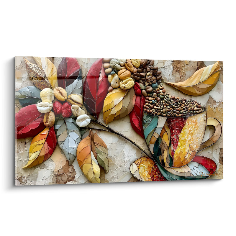 Tableau Tasse mosaïque dorée et rouge à branche feuillue - Feuilles en éventail - Edition Café