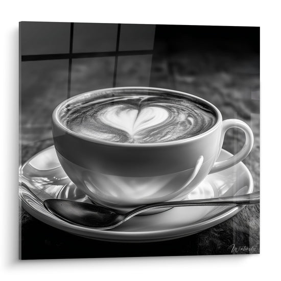 Tasse blanche et café noir avec cœur mousseux, cuillère argentée sur soucoupe en gros plan
