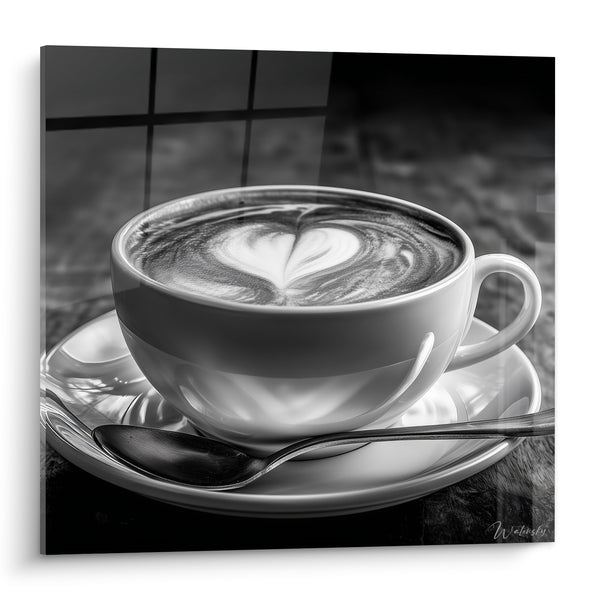 White and Black Cup with Foamy Heart - Spoon and Blurred Tile - Café Edition
