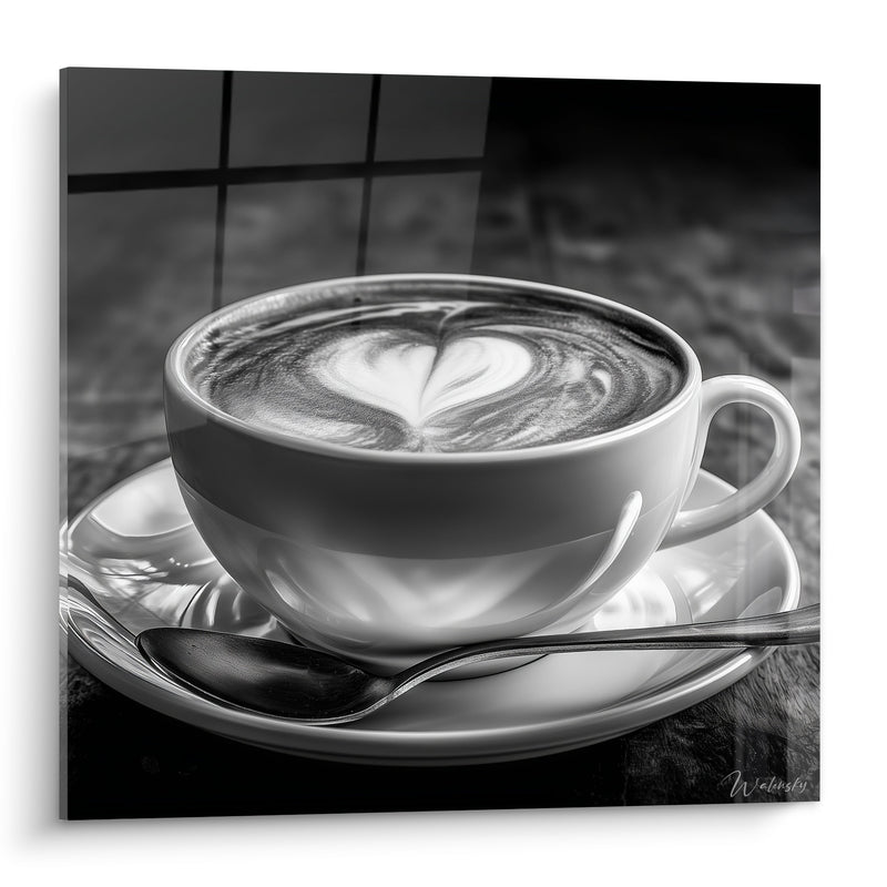 Tableau Tasse blanche et noire au cœur mousseux - Cuillère et carrelage flou - Edition Café