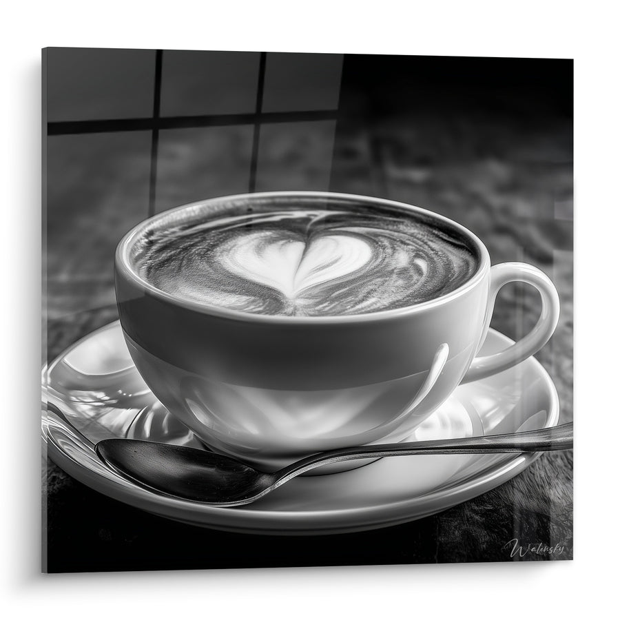 Tableau Tasse blanche et noire au cœur mousseux - Cuillère et carrelage flou - Edition Café
