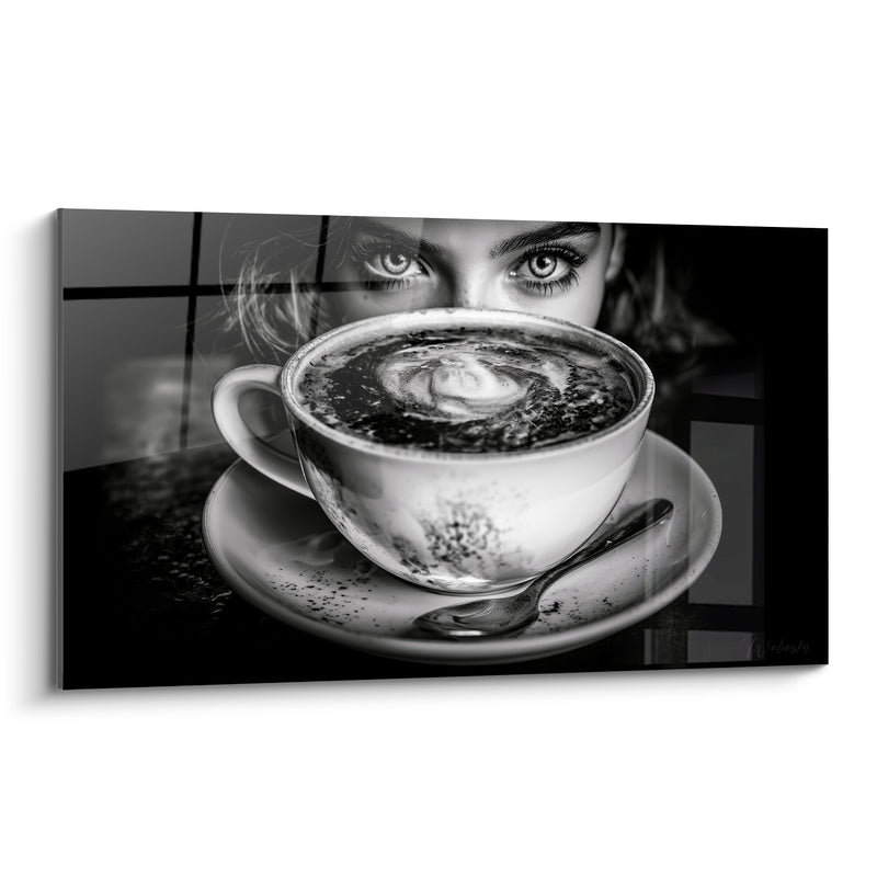 Tableau Tasse blanche et noire aux yeux perçants - Cils démesurés en gros plan - Edition Café