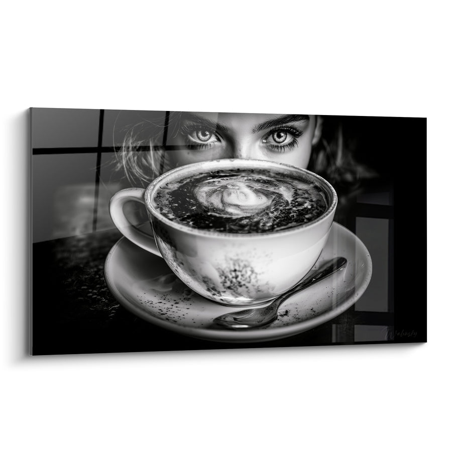 Tableau Tasse blanche et noire aux yeux perçants - Cils démesurés en gros plan - Edition Café