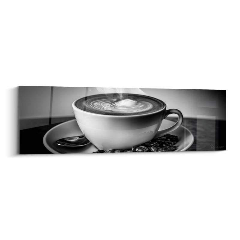 Tableau Tasse blanche et noire à vapeur montante - Cuillère et grains dispersés - Edition Café