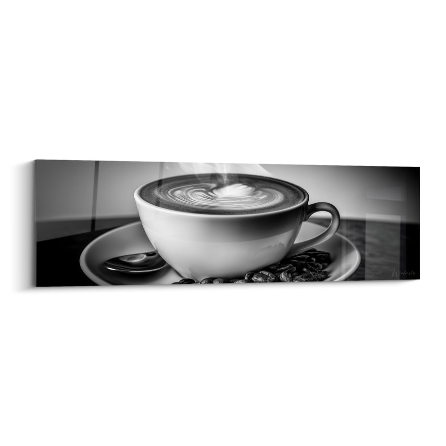 Tableau Tasse blanche et noire à vapeur montante - Cuillère et grains dispersés - Edition Café