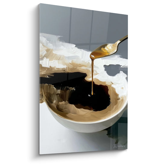 Tableau Bol blanc et noir au miel doré - Cuillère et goutte suspendue - Edition Café