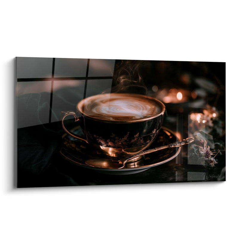 Tableau Tasse noire et cuivrée à fleurs dorées - Bougies floues en arrière-plan - Edition Café
