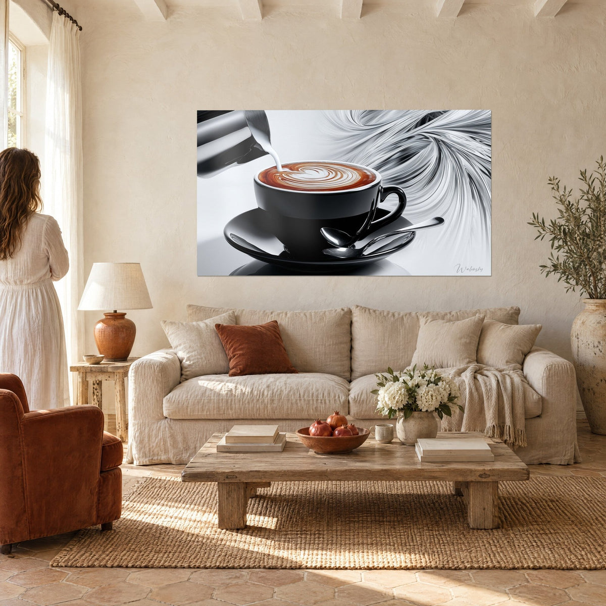 Wall art latte art with a russet heart on a black lacquered cup, grey swirls in the background, woman seen from behind, above a sofa in a bright living room
