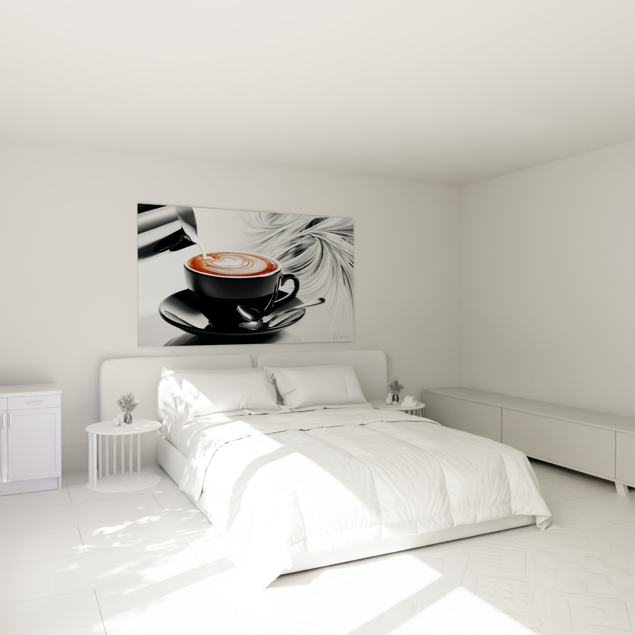 Tasse de café noire au motif en cœur crème accrochée au-dessus d'un lit dans une chambre claire